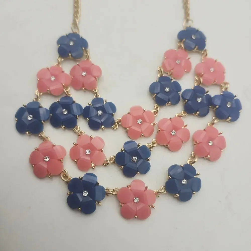 BOGOT Pink Navy Flower Statement Bib Necklace Earrings Set Gold Tone Rhinestone